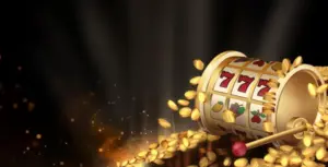 Изображение игрового автомата, выбрасывающего монеты с видимым числом 777, рекламирующее бесплатные вращения в Izzi с захватывающим дизайном.